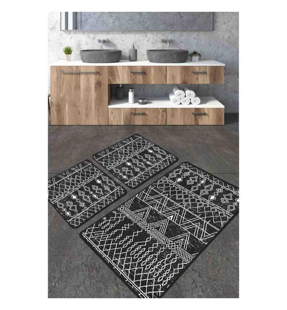 Set de tapis de bain, 2 pièces, noir anthracite blanc, polyester, hauteur des poils 10 mm
