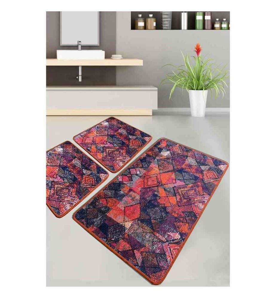 Set de tapis de bain, 3 pièces, multicolore, polyester, 10 mm de hauteur de poils