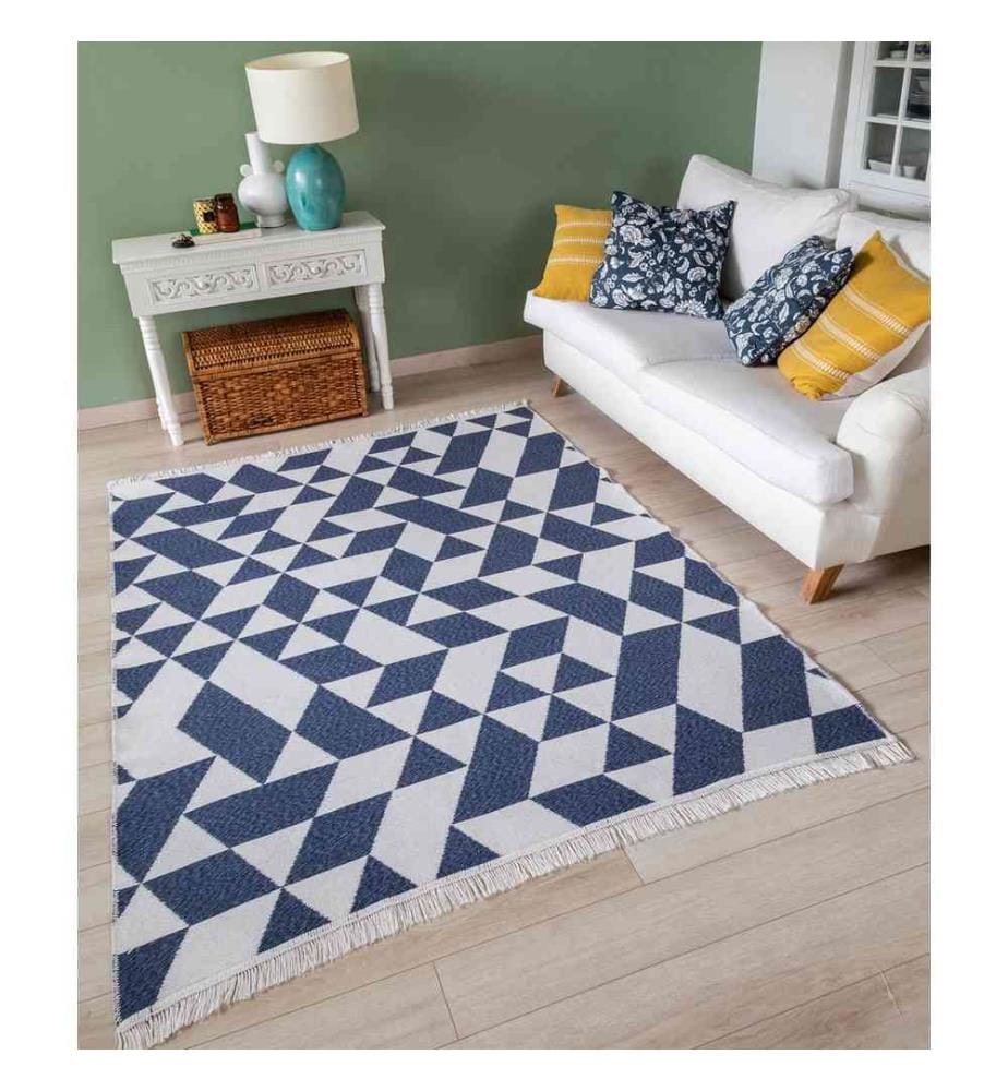 Tapis, blanc, bleu, 100% coton, 120 x 180 cm
