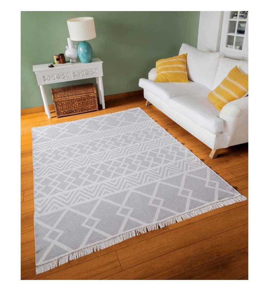 Tapis de hall, blanc, gris, 100% coton, 80 x 150 cm