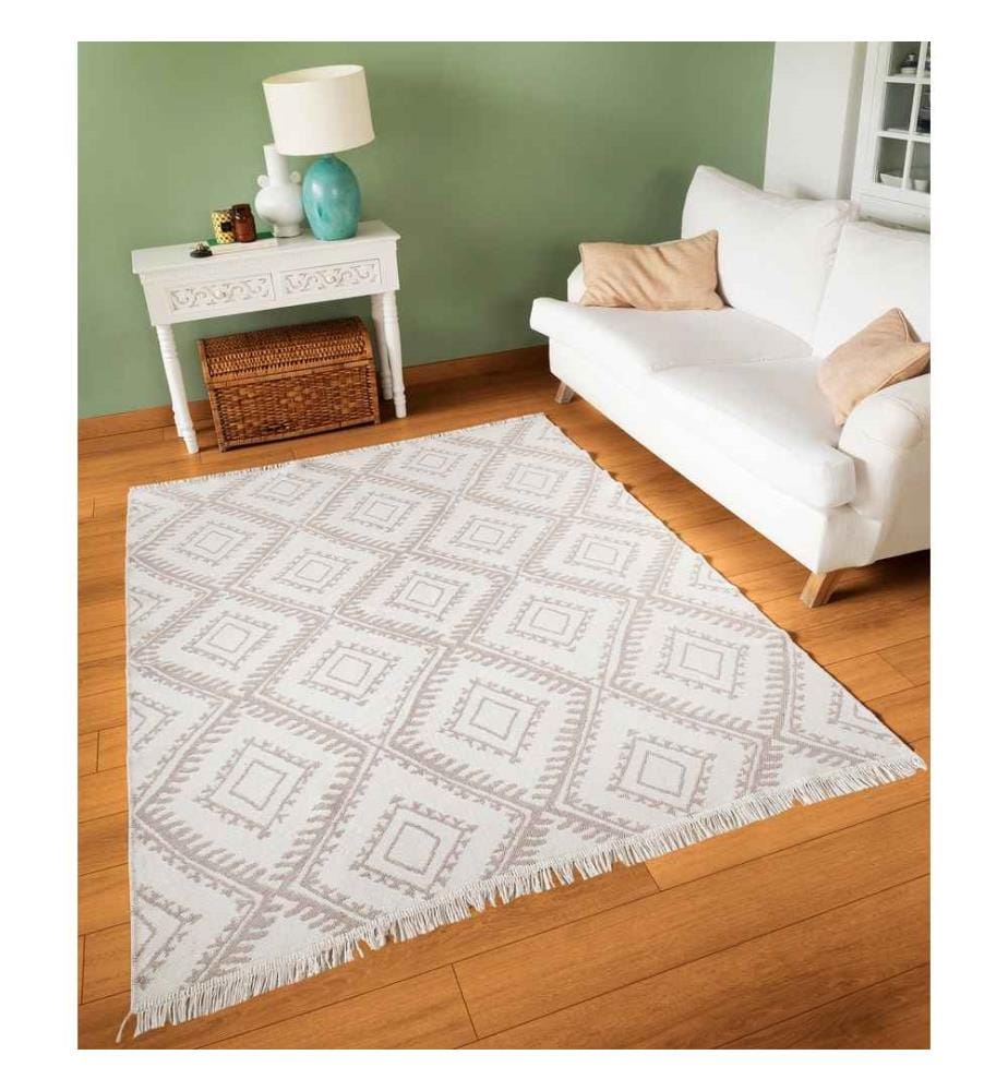 Tapis de salle, blanc, beige, 100% coton, 80 x 300 cm