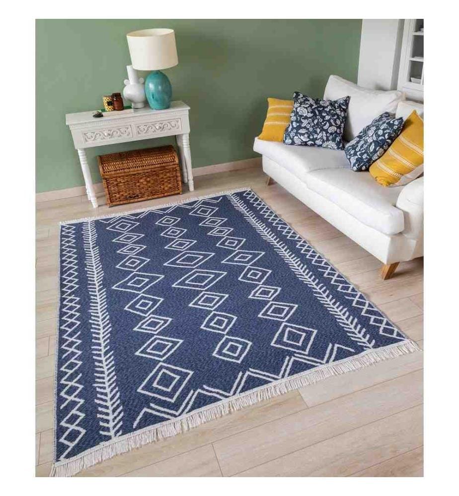 Tapis, blanc, bleu, 100% coton, 120 x 180 cm