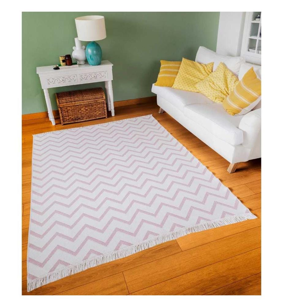 Tapis de salle, blanc, rose, 100% coton, 80 x 150 cm