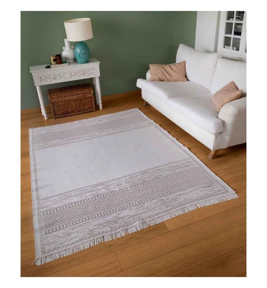 Tapis de salle, blanc, beige, 100% coton, 80 x 300 cm