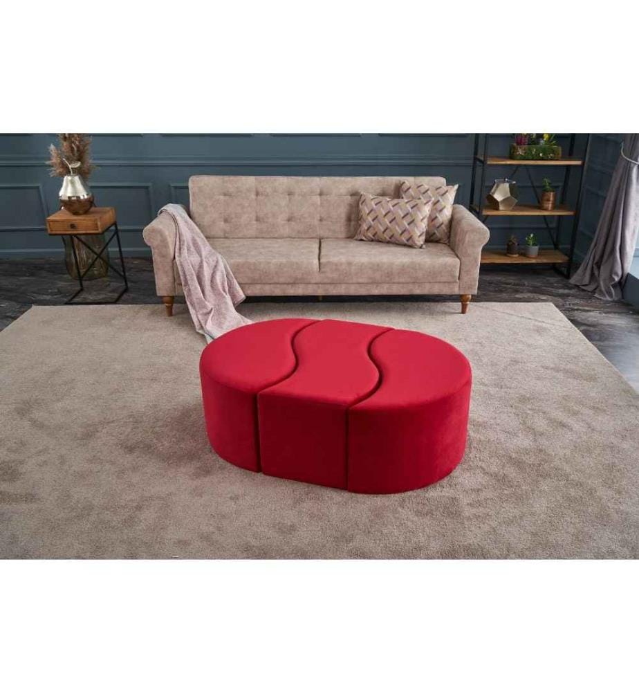 Pouf, rouge, polyester et velours, corps en bois