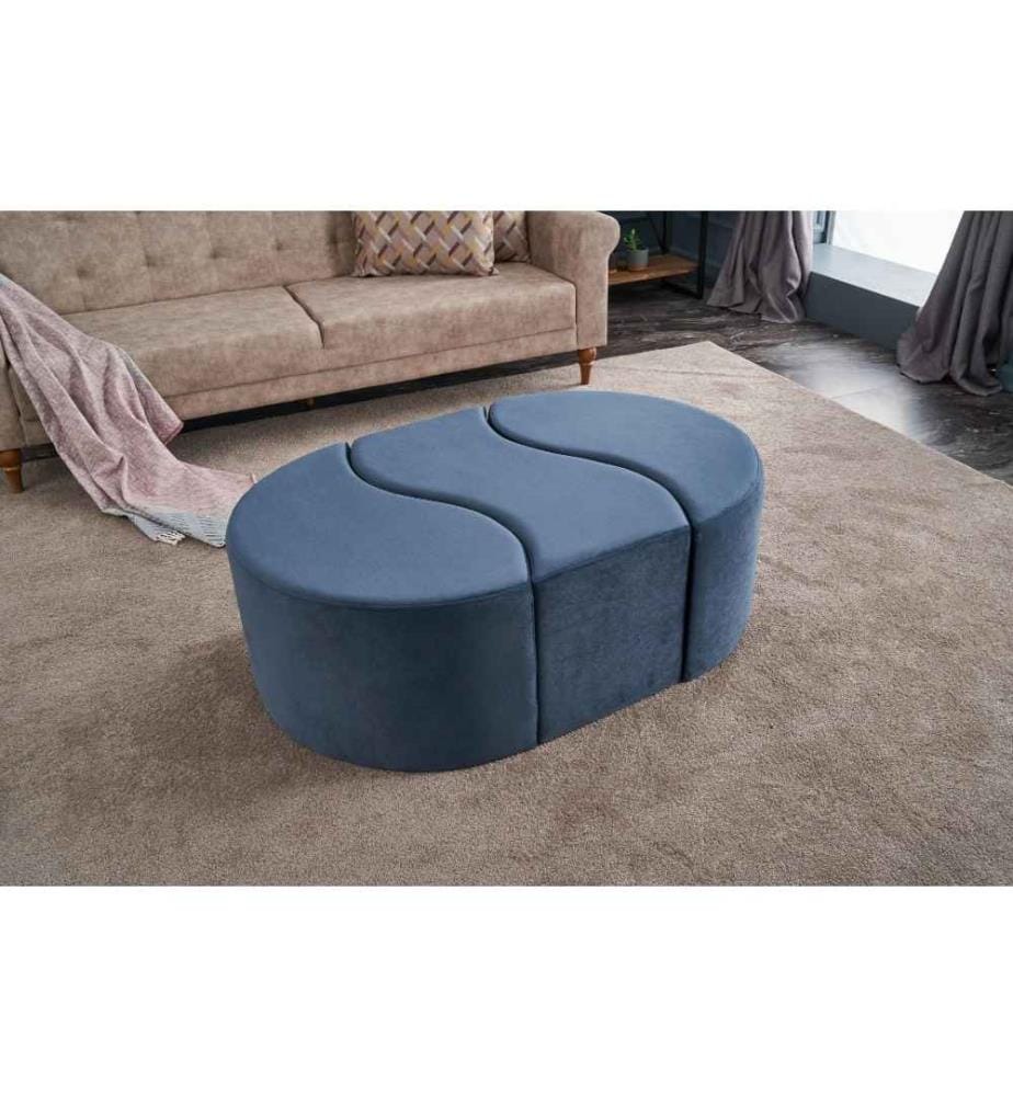 Pouf, bleu, polyester et velours, corps en bois