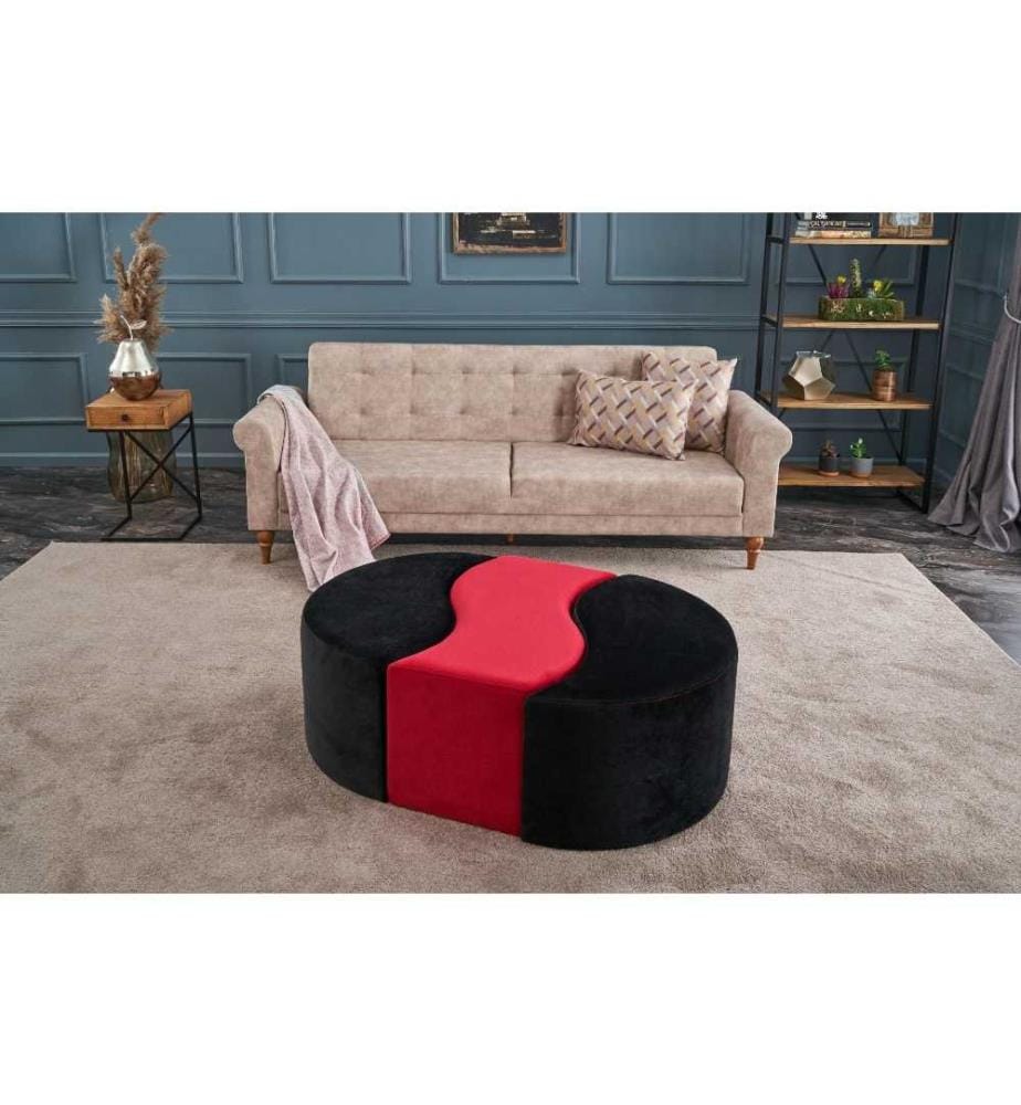 Pouf, noir, rouge, polyester et velours, corps en bois