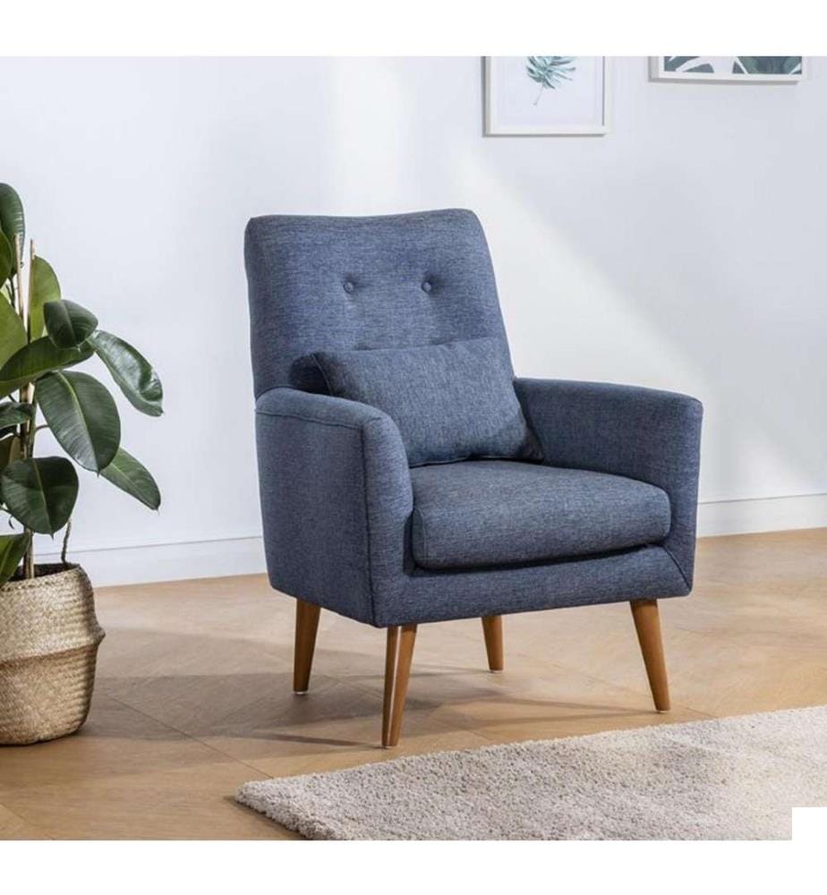 Chaise à oreilles, bleu foncé, cadre en bois de charme, tissu de lin