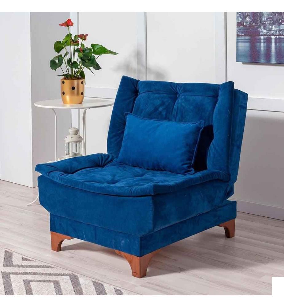Chaise à oreilles, bleu foncé, cadre en bois de pin, tissu en tricot