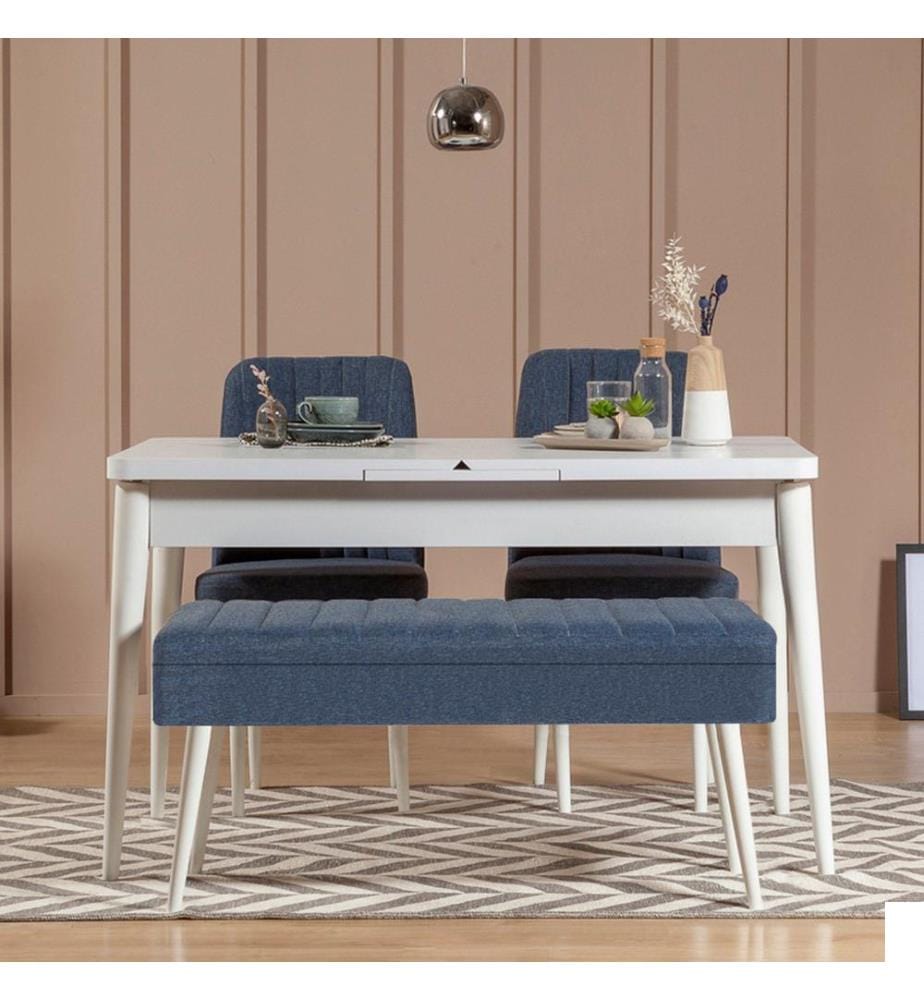 Ensemble table et chaises à rallonges , 4 pièces, blanc, bleu foncé, panneau de particules mélaminé