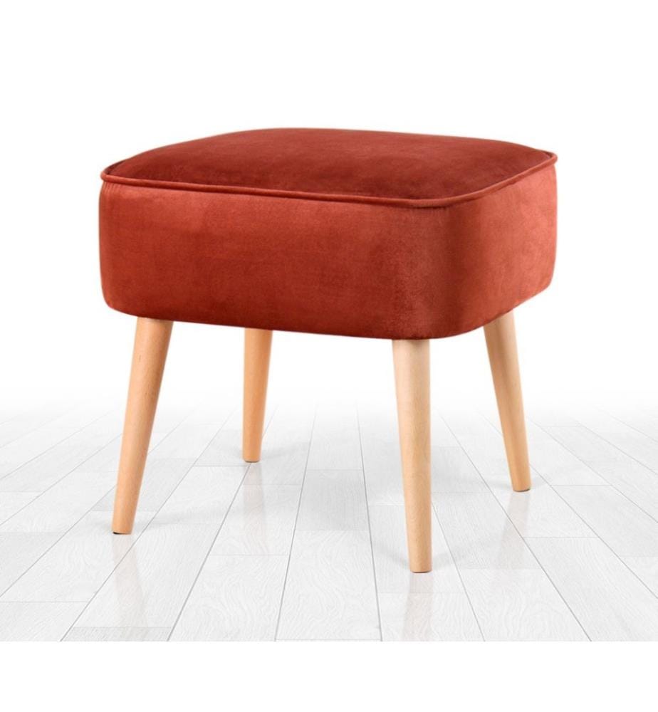 Pouf, rouge tuile, velours, pieds en bois