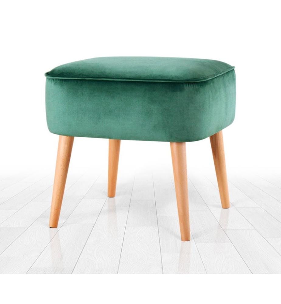 Pouf, vert, velours, pieds en bois
