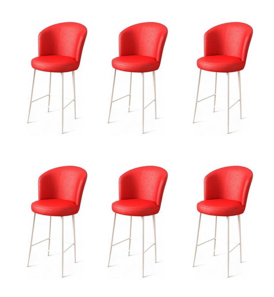 Ensemble de tabourets de bar, 6 pièces, rouge, blanc, cadre : Métal, Tissu : Faux cuir