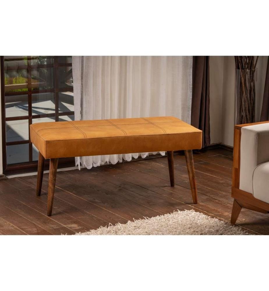Pouf, Mustard, cadre en bois de hêtre, tissu en cuir Pu