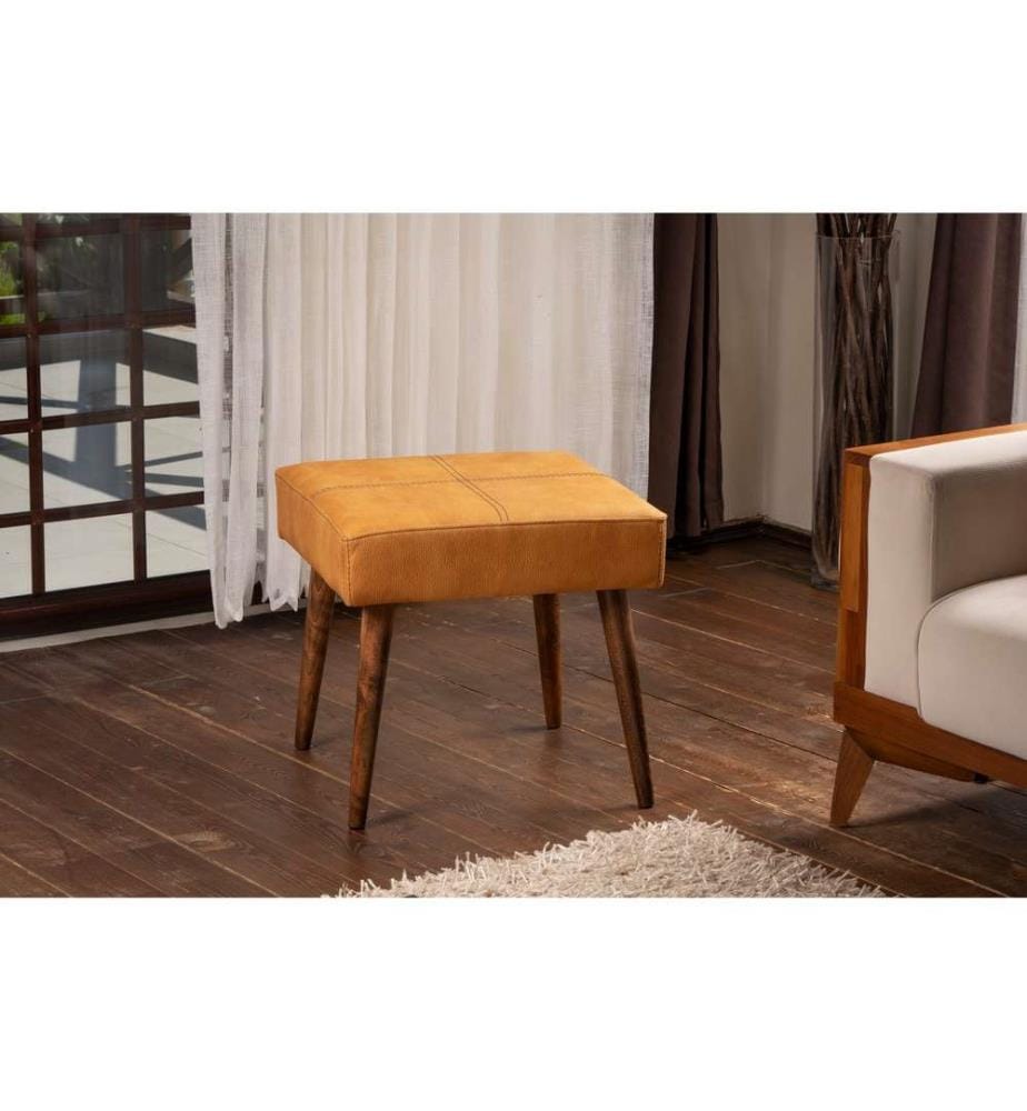 Pouf, Mustard, cadre en bois de hêtre, tissu en cuir Pu