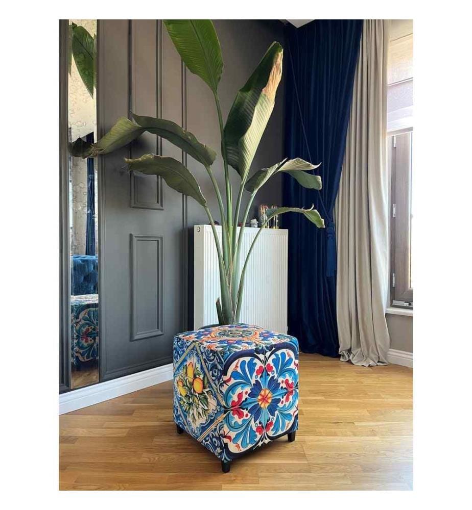 Pouf, bleu, tissu : Lin