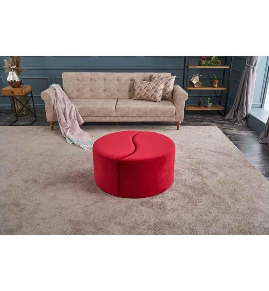 Pouf, rouge, polyester et velours, corps en bois