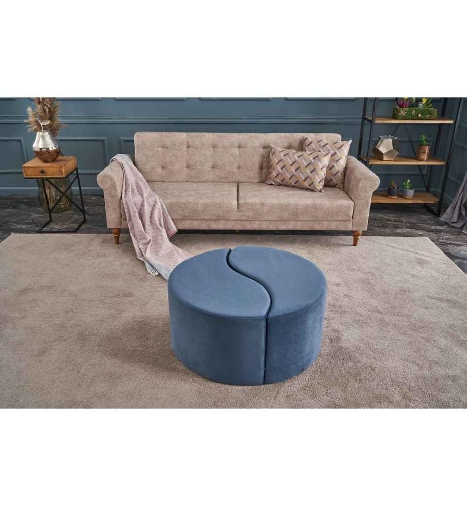 Pouf, bleu, polyester et velours, corps en bois