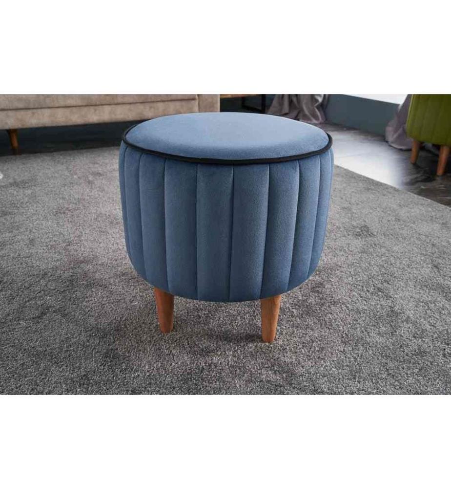 Pouf, bleu, polyester et velours, corps en bois
