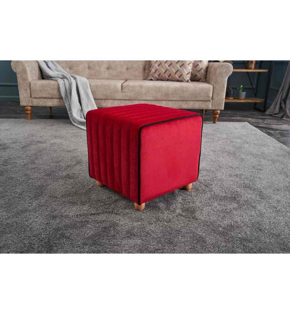 Pouf, rouge, polyester et velours, corps en bois
