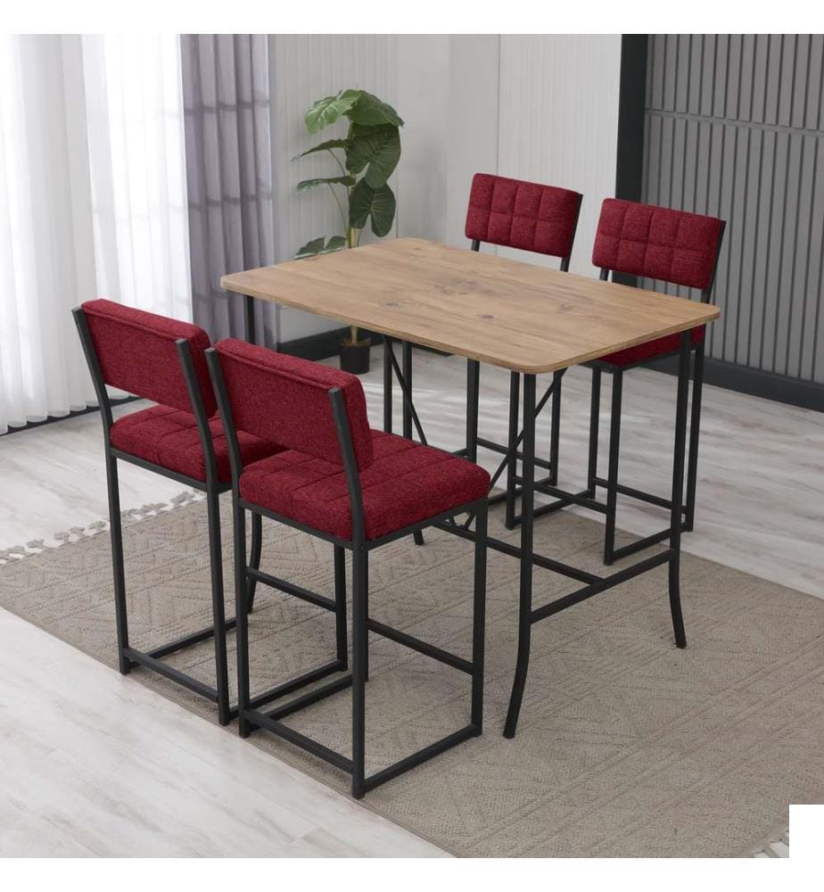 Ensemble table de bar et tabouret, 5 pièces, rouge bourgogne, noyer, 100 % panneau de particules mélaminé