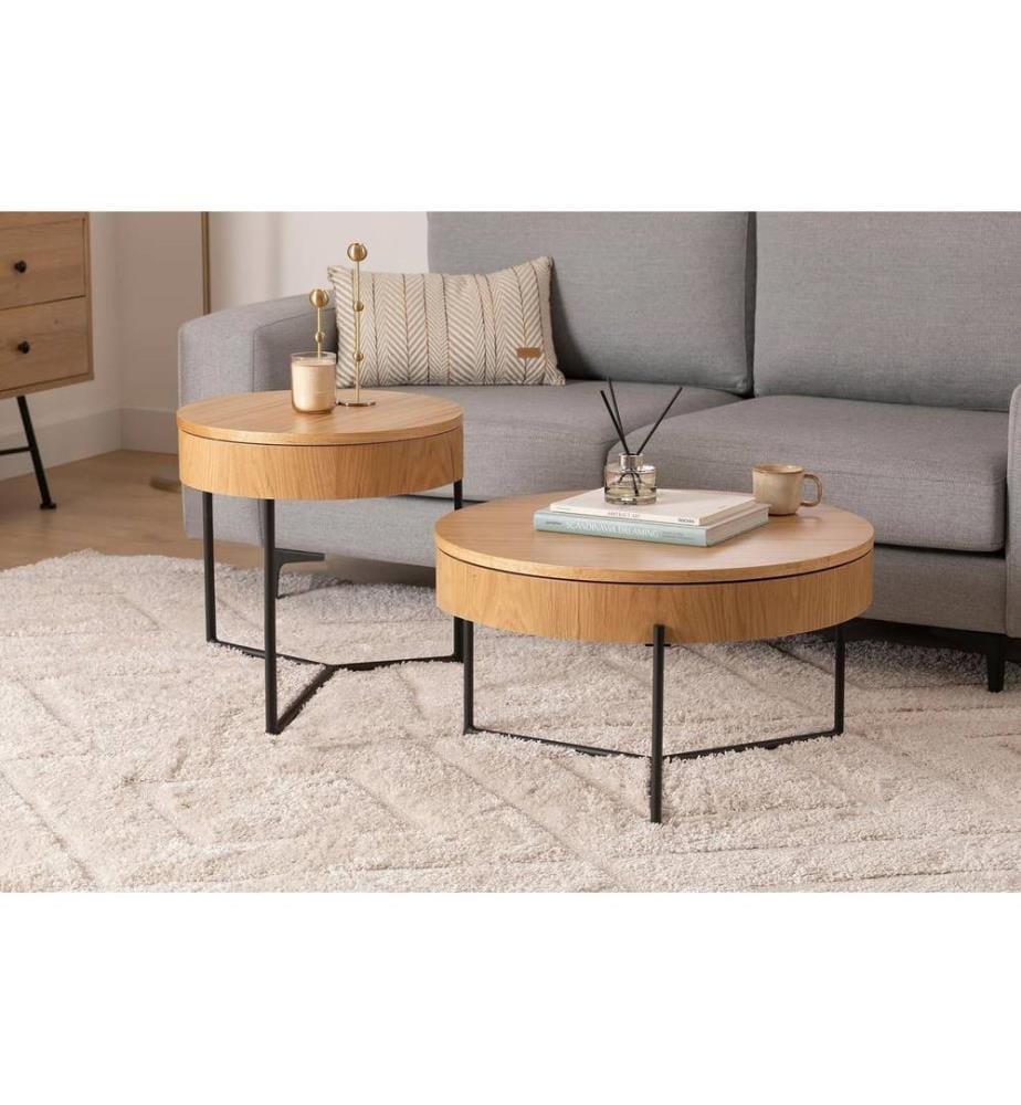 Table gigogne, 2 pièces, naturel, 100 % MDF, pieds en métal