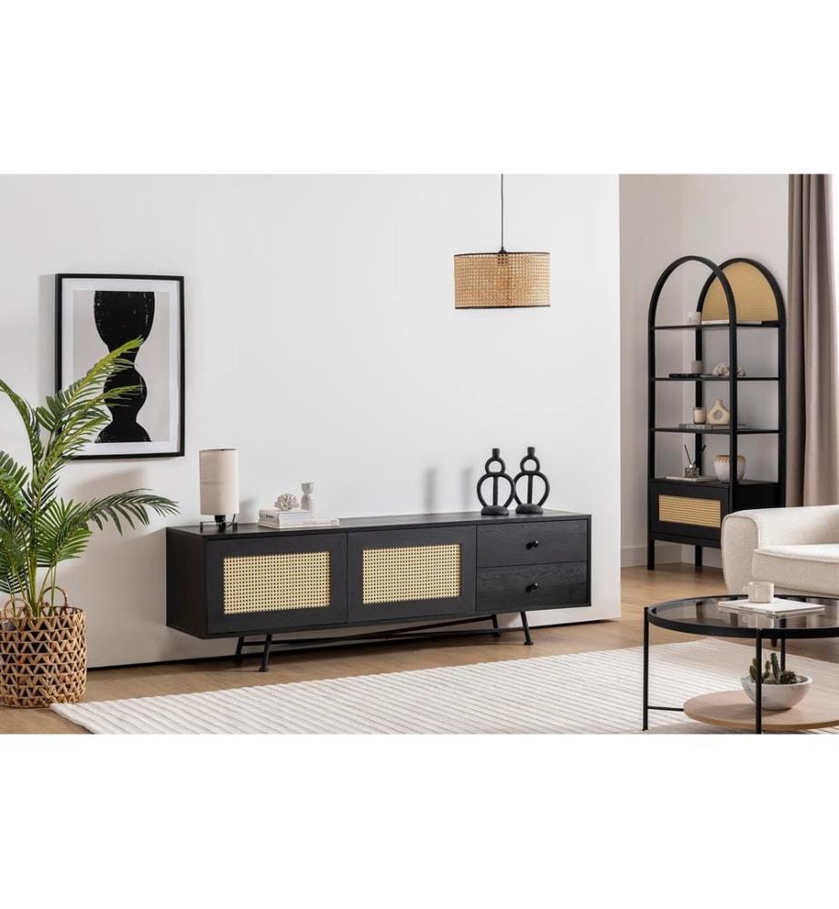 Meuble TV, noir, 100 % PANNEAU DE PARTICULES ENDUIT DE MÉLAMINE, pieds en métal