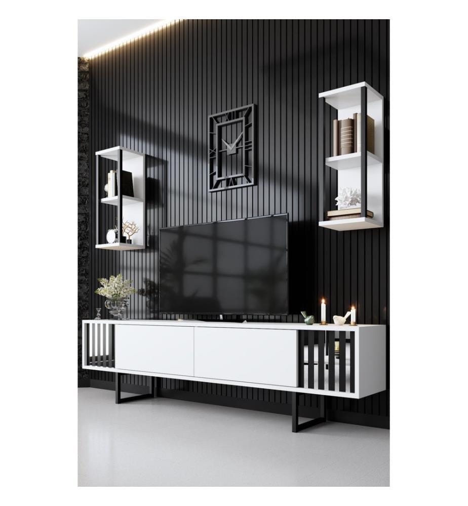 Meuble TV, Blanc, Noir, Panneau de particules mélaminé, Pieds en métal