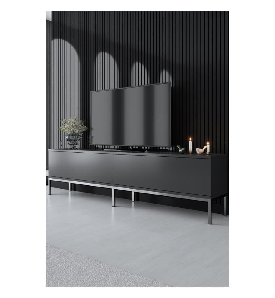 Meuble TV, Anthracite, Argent, Panneau de particules mélaminé, Pieds en métal