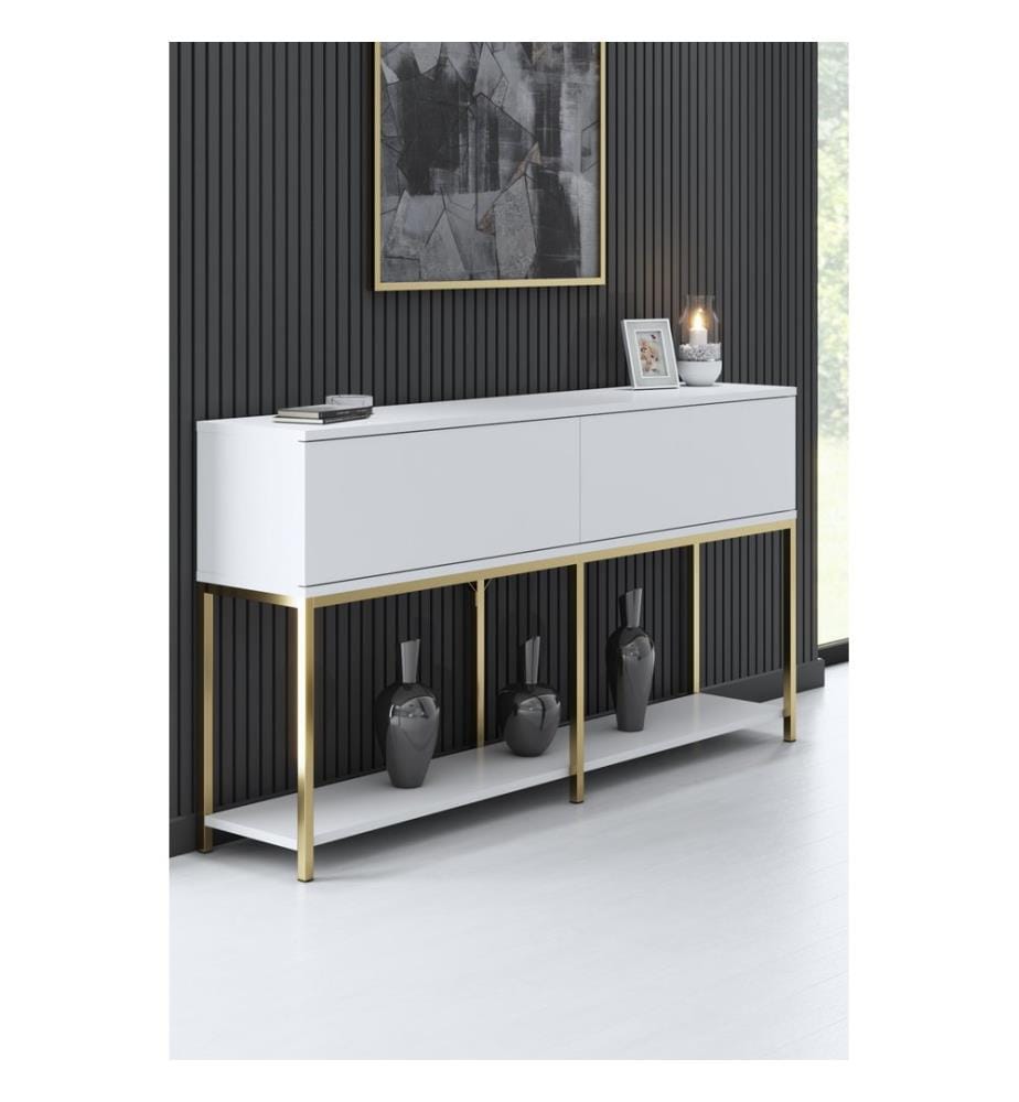 Console, blanc, or, panneau de particules mélaminé, pieds en métal