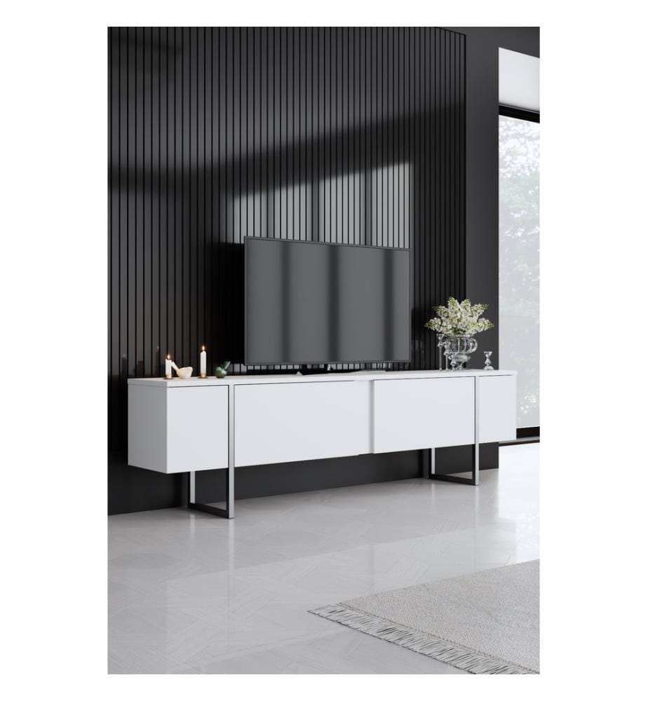 Meuble TV, blanc, argent, PANNEAU DE PARTICULES 100 % MÉLAMINÉ, pieds en métal