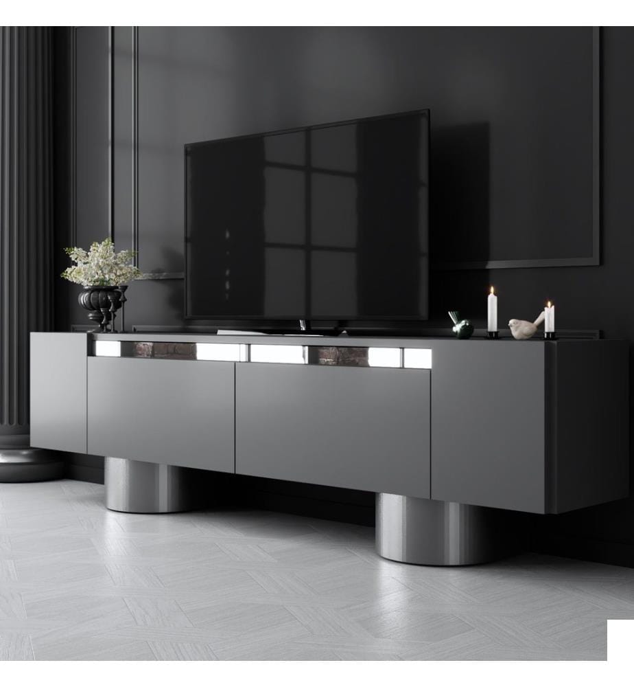 Meuble TV, anthracite, argent, PANNEAUX DE PARTICULES 100 % MÉLAMINÉS, pieds en métal