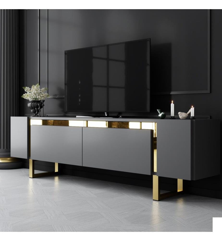Meuble TV, anthracite, doré, panneau de particules 100 % mélaminé, pieds en métal