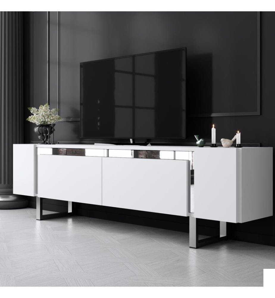 Meuble TV, blanc, argent, PANNEAUX DE PARTICULES 100 % MÉLAMINÉS, pieds en métal