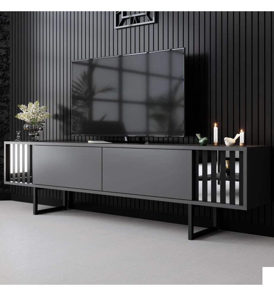 Meuble TV, anthracite, noir, panneau de particules 100 % mélaminé, pieds en métal