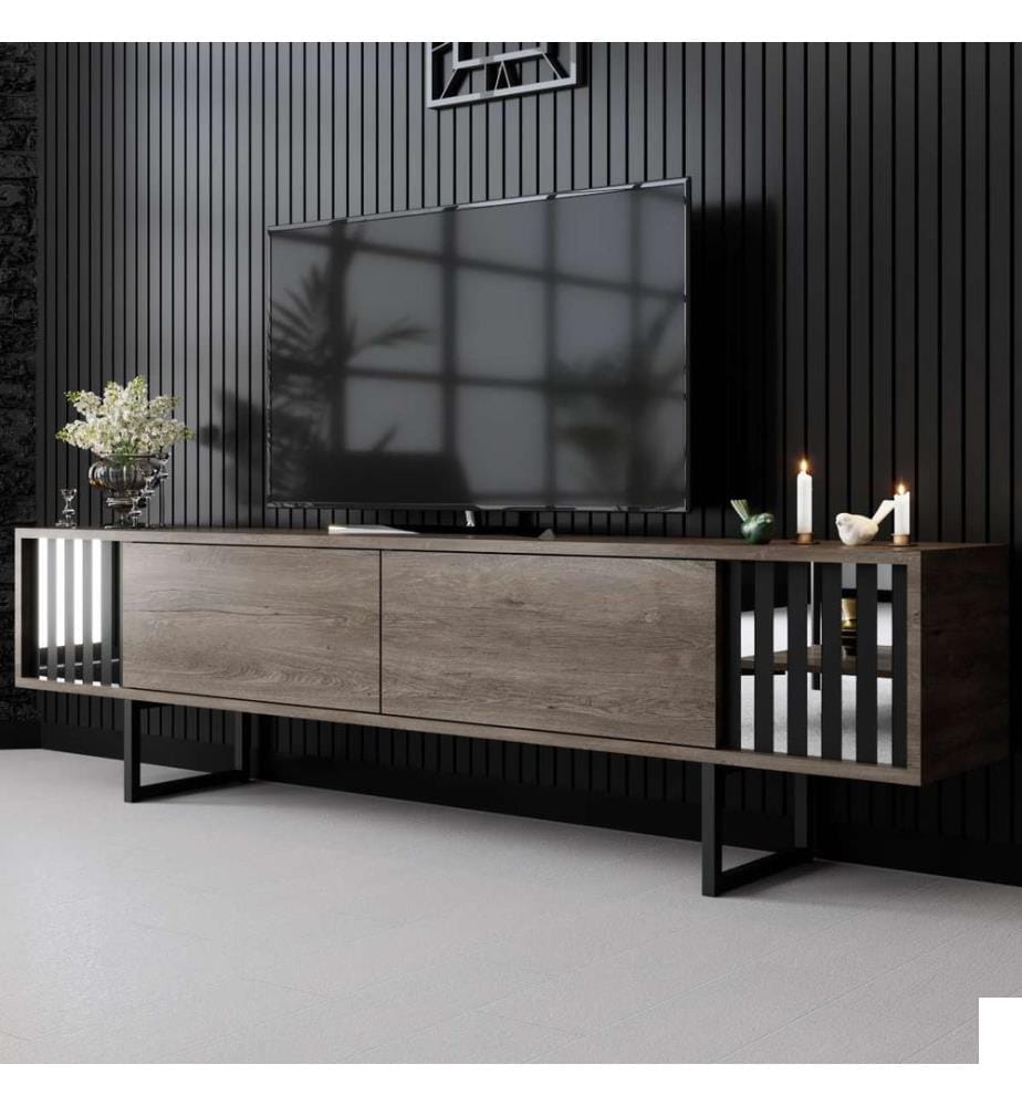 Meuble TV, noyer, noir, panneau de particules 100 % mélaminé, pieds en métal