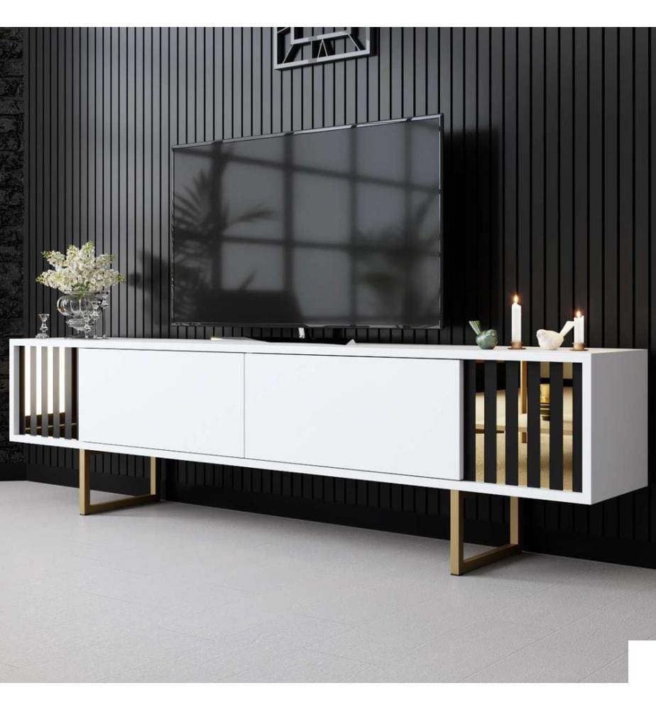 Meuble TV, blanc, doré, panneau de particules 100 % mélaminé, pieds en métal