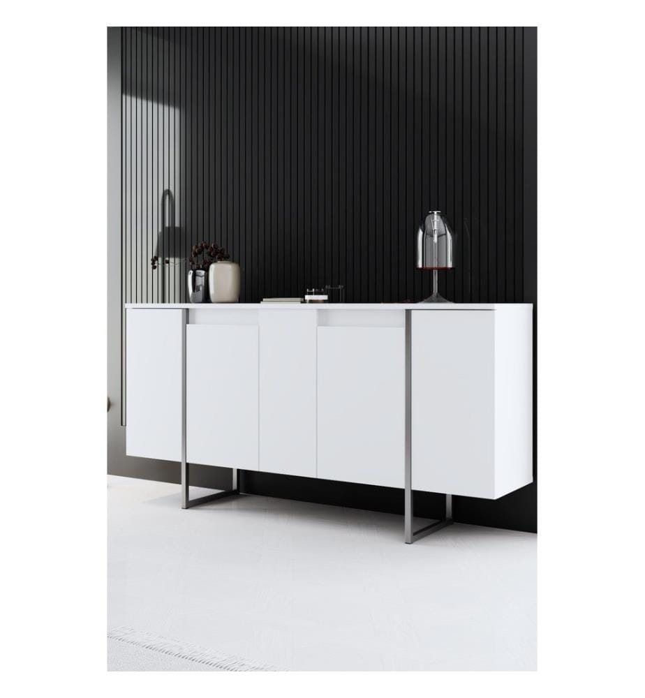 Console, blanc, argent, PANNEAU DE PARTICULES 100 % MÉLAMINÉ, pieds en métal
