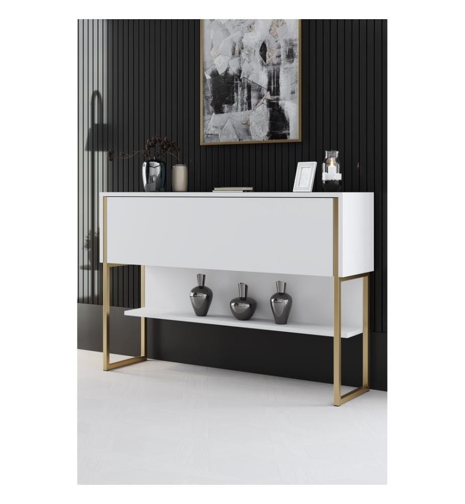 Commode, doré, blanc, panneau de particules 100 % mélaminé, pieds en métal
