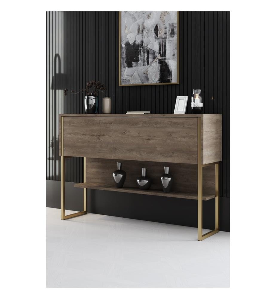 Commode, doré, noyer, panneau de particules 100 % mélaminé, pieds en métal