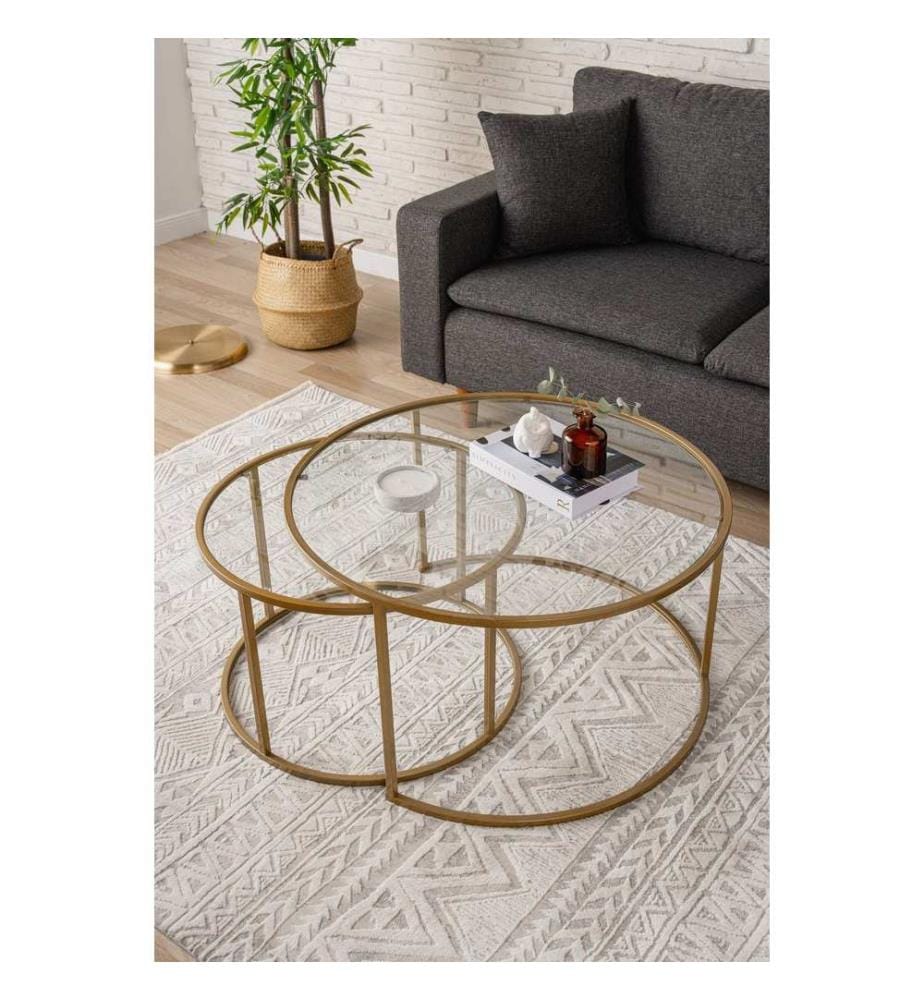 Table basse, dorée, transparente, 100 % VERRE TRANSPARENT TREMPÉ, structure : 100 % MÉTAL