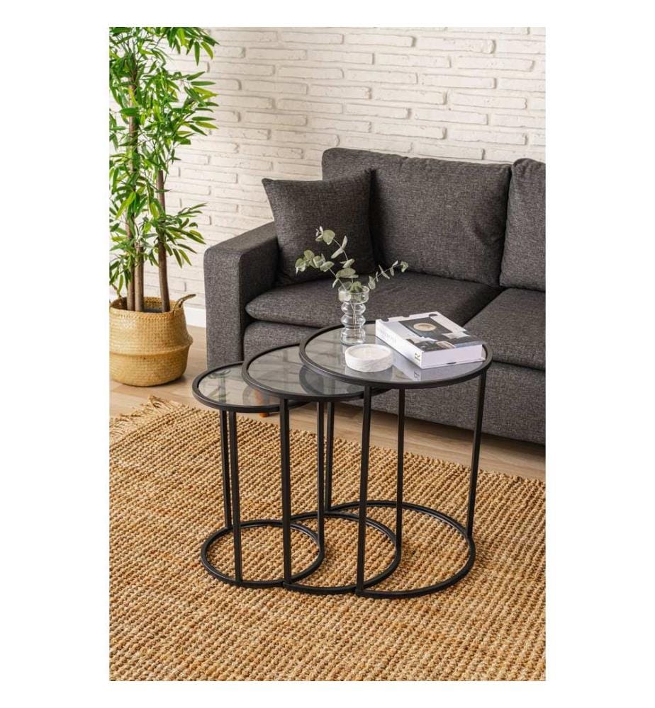 Table gigogne, 3 pièces, noir, transparent, 100 % VERRE TRANSPARENT TEMPÉRÉ, structure : 100 % MÉTAL