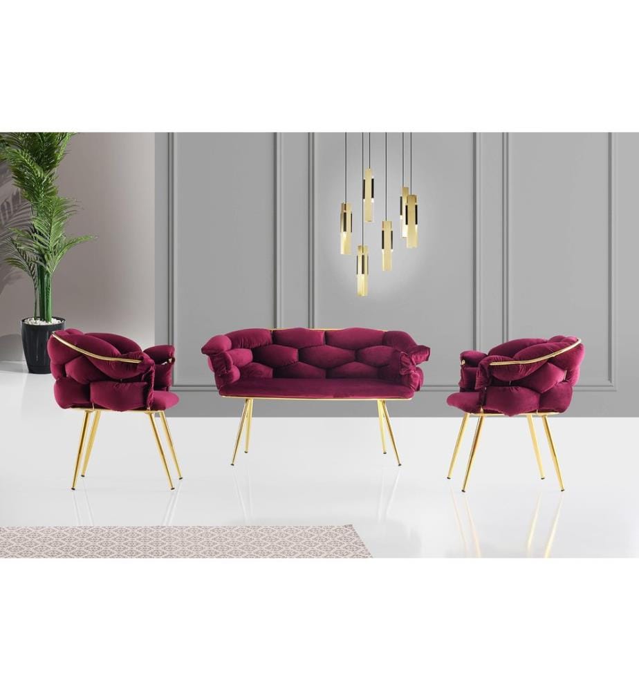 Ensemble canapé, prune, or, piétement : métal, assise : tissu velours / panneaux de particules mélaminés