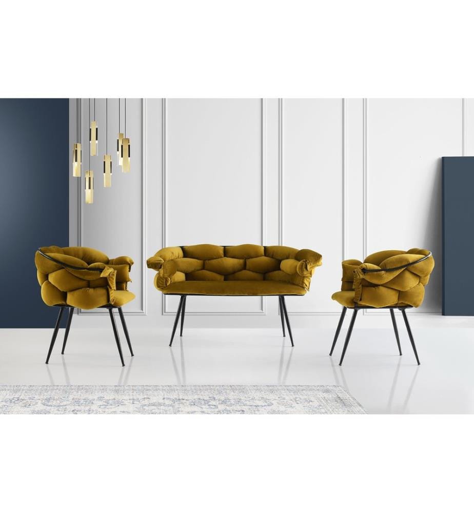 Ensemble canapé, Ocher, Black, Frame : Métal, assise : tissu velours / panneau de particules mélaminé
