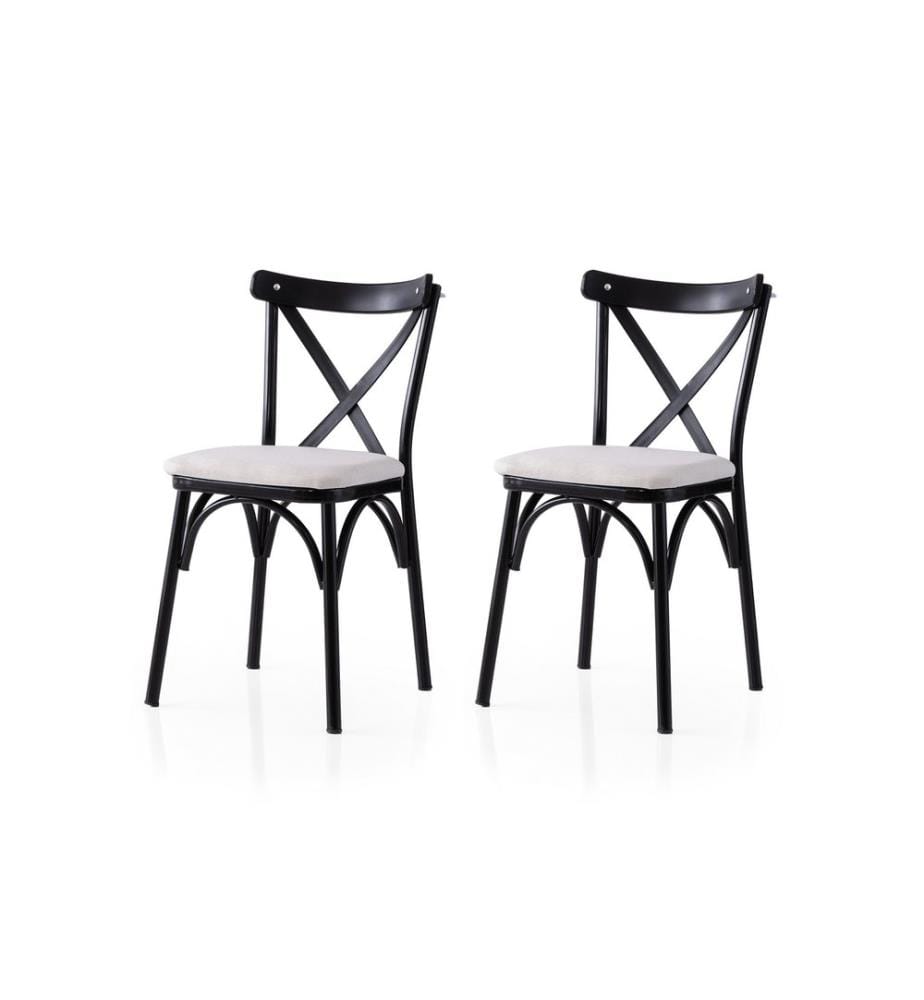 Ensemble de chaises, 2 pièces, noir, blanc, structure : 100 % FER, assise : PANNEAU DE PARTICULES ENDUIT DE MÉLAMINE, dossier : PLASTIQUE, tissu en lin