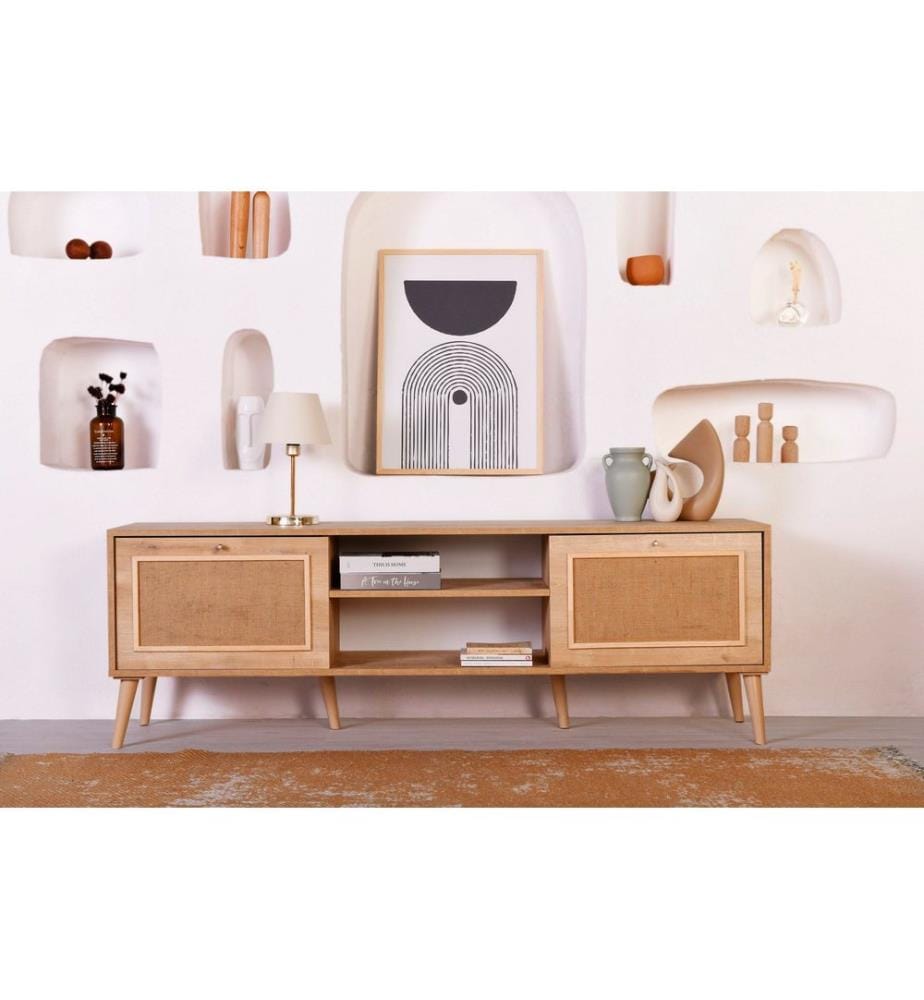 Meuble TV, chêne, panneau de particules mélaminé, pieds métalliques