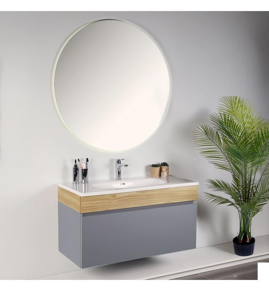 Ensemble meuble de salle de bain avec lavabo et miroir 2 pièces gris clair panneau de particules 100 % mélaminé