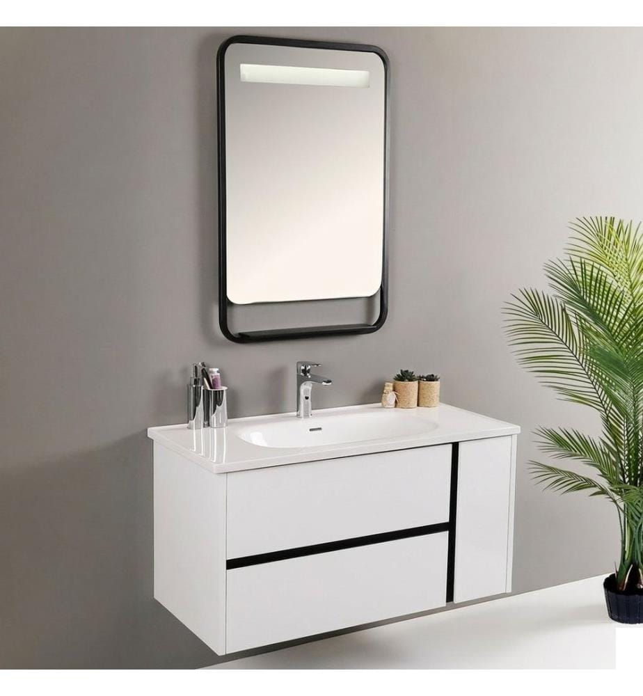 Ensemble meuble de salle de bain avec lavabo et miroir 2 pièces blanc et noir 100 % MDF doux au toucher