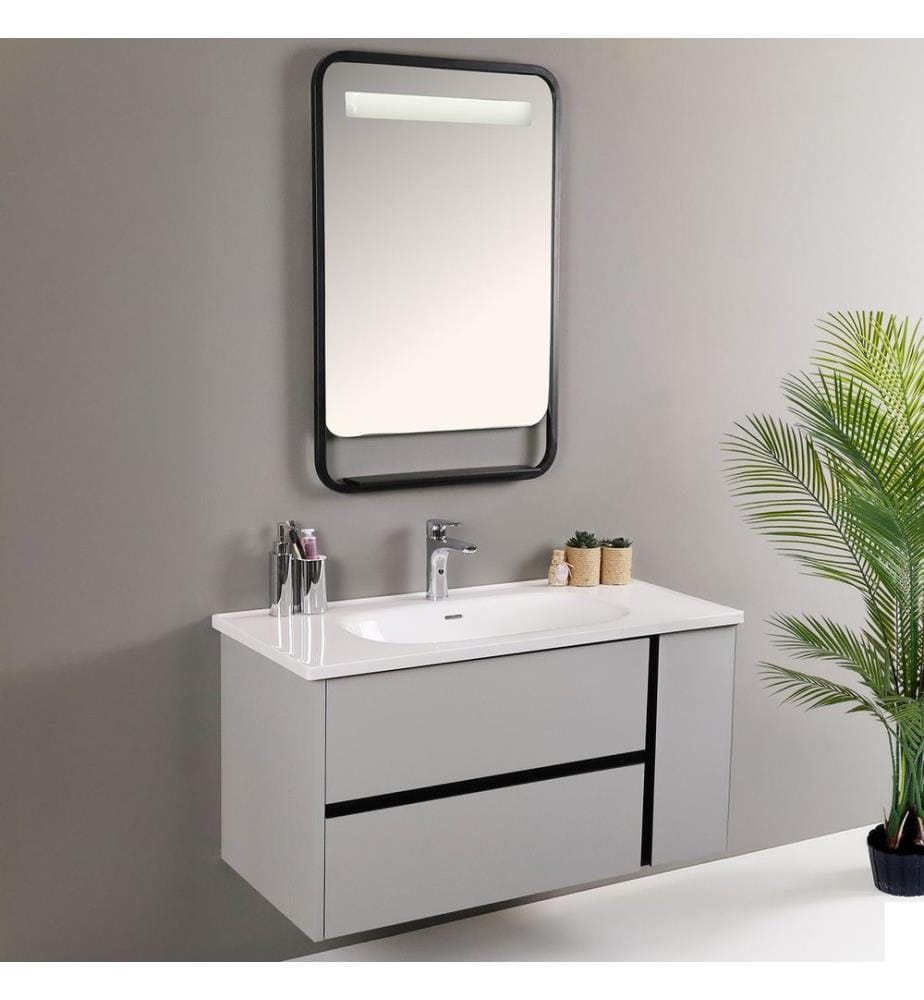Ensemble meuble de salle de bain avec lavabo et miroir 2 pièces gris clair et noir 100 % MDF doux au toucher