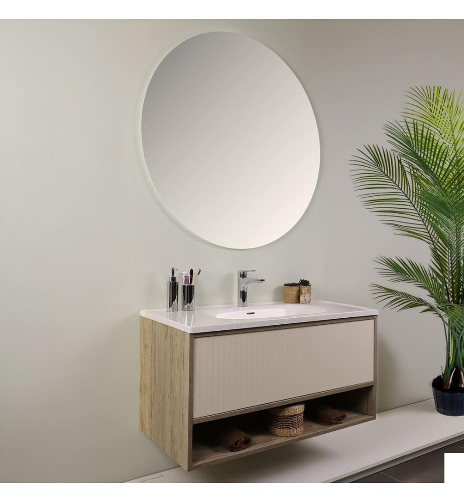 Ensemble meuble de salle de bain avec lavabo et miroir 2 pièces noyer clair 100 % panneaux de particules recouverts de mélamine